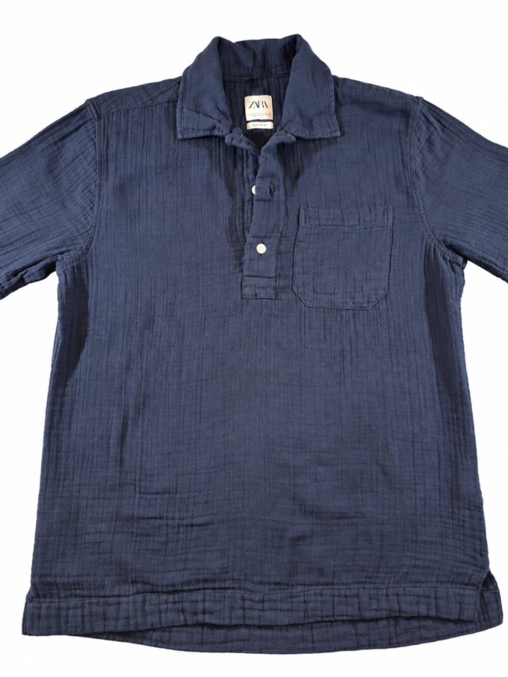 Zara Textured Short Sleeve Button Front Shirt Men Small Navy